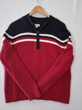 Vintage Y2K Quarter Zip Long Sleeve Sweater XL 100% Cotton Red Heavyknit Stripe